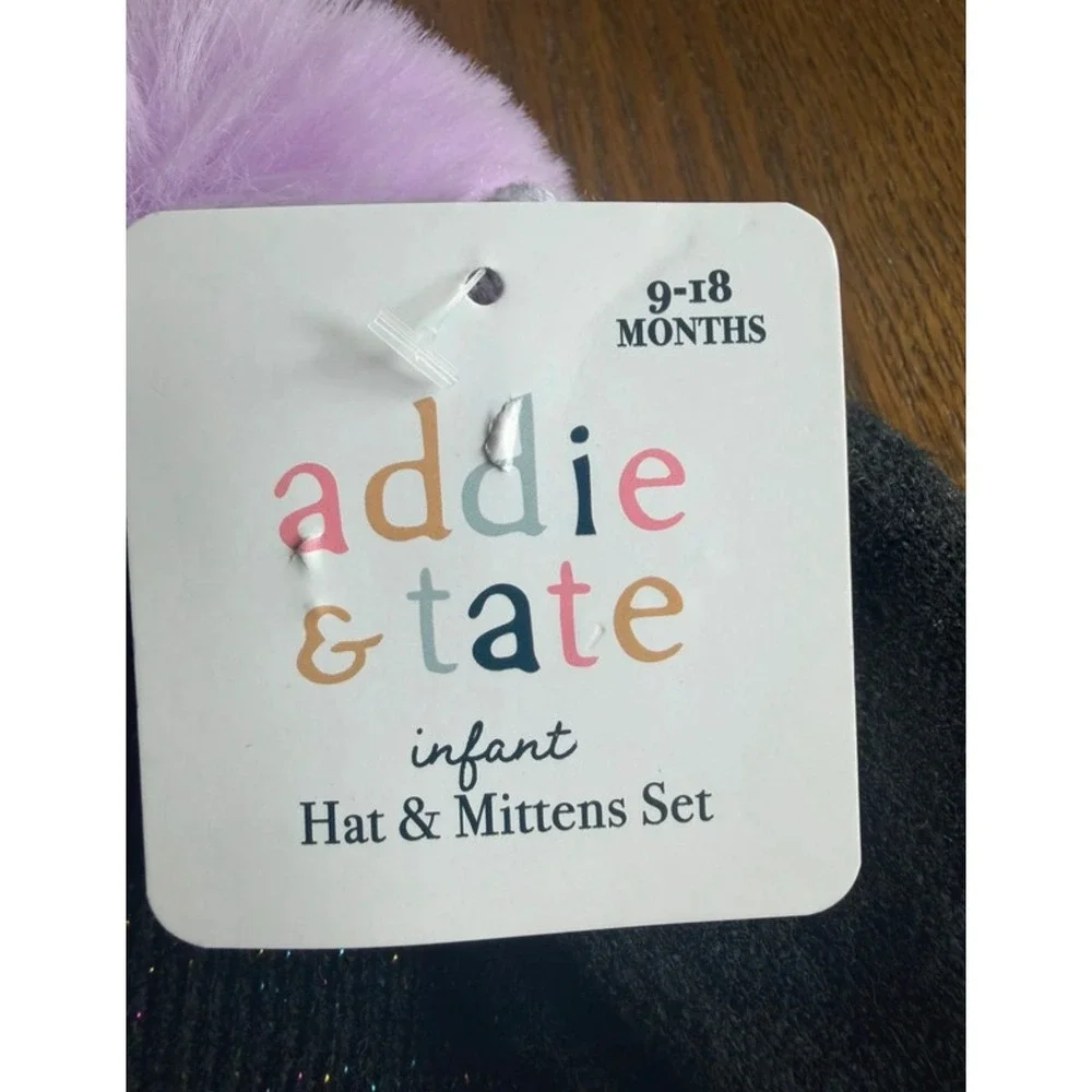 Addie & Tate Infant Penguin Hat and Mittens Set Black Purple Sparkle 9-18 Months